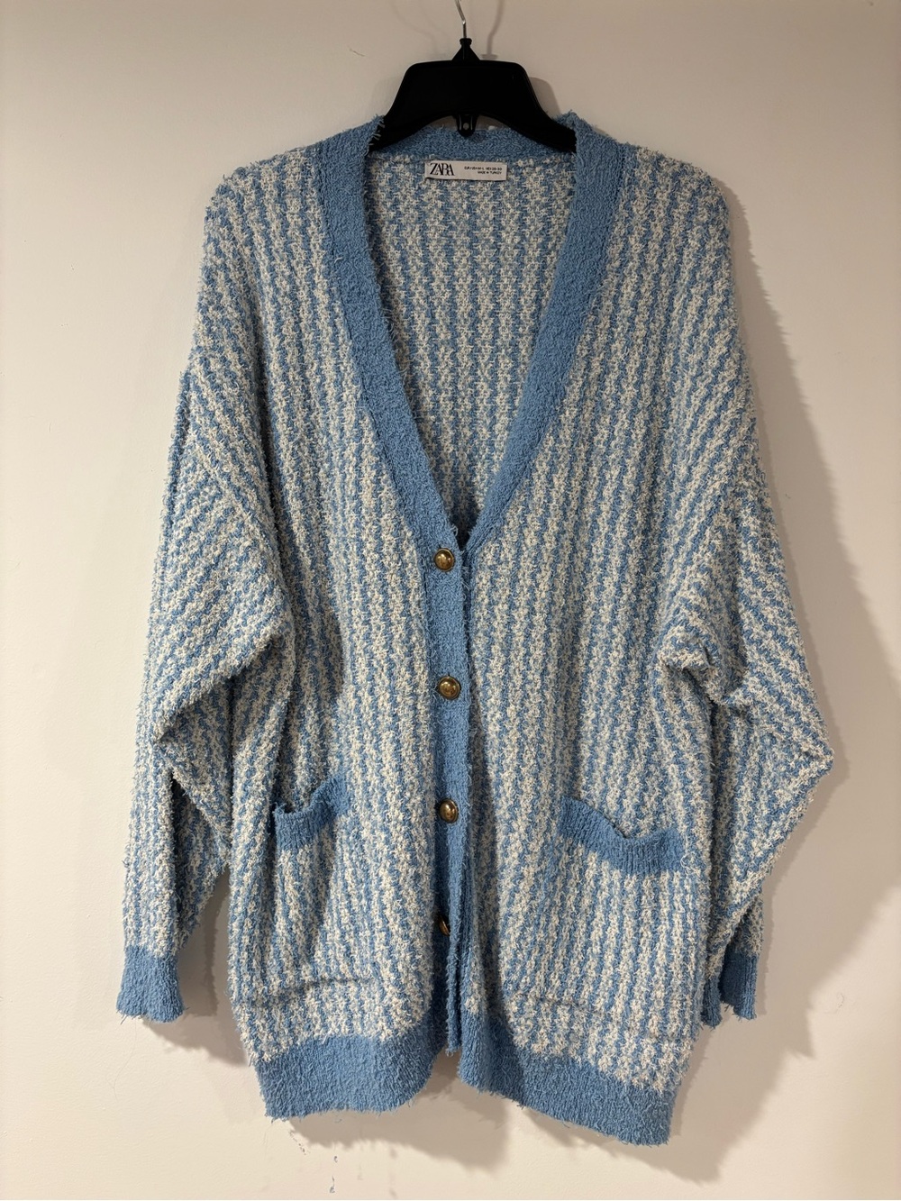 Zara Blue & Cream Textured Bouclé Button Cardigan